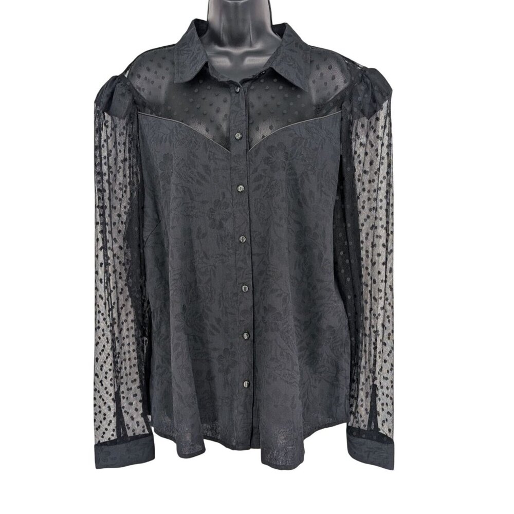 Social Collision Sheer Mesh Button Front Top Jacquard Floral Whimsigoth Size 1X